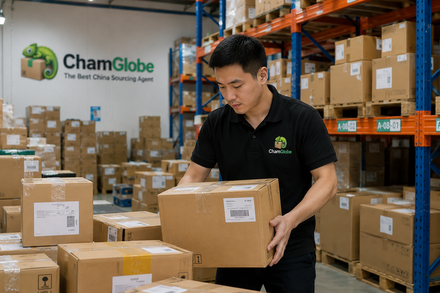 ChamGlobe team handling sourcing packages in a China warehouse