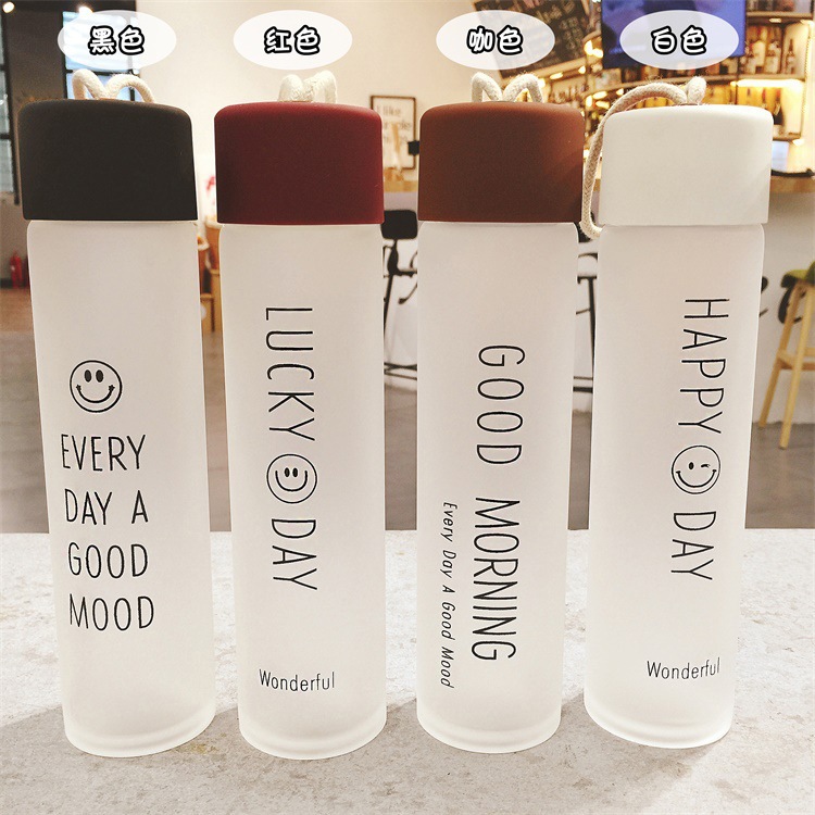 Factory frosted creative smiley face glass printing portable fashion gift water Cup rope portable Cup logo